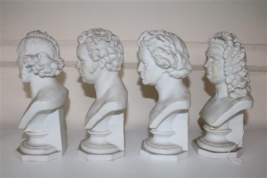 Four Continental biscuit porcelain busts of Bach, Beethoven, Mendelssohn and Schubert, height 19cm